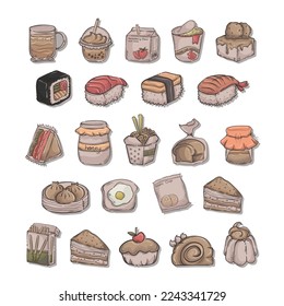 Different Hand Drawn Japanese Food Sushi Cup Noodles Cake Sandwich Milk Drink Collection