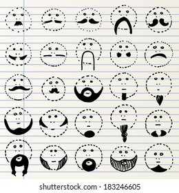 Different hand drawn mustache and beard styles isolated on a notebook page