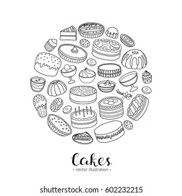 Different hand drawn outline cakes for birthday, easter, party, sweet cafe composed in circle shape with lettering.