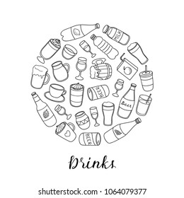 Different hand drawn outline liquid drinks composed in circle shape with lettering.