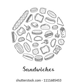 Different hand drawn outline sandwiches and burgers composed in circle shape with lettering.