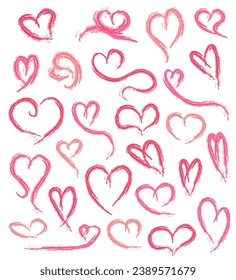 Different hand drawn pink sketch cute hearts on white background for Saint Valentine's Day. Collection of vector doodle painted brush cute hearts various shapes for greeting card