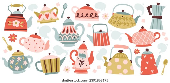 Different hand drawn porcelain, faience, ceramic teapots and metal cezve pot kitchen tableware vector illustration. Tea and coffee making set of vintage doodle kettle various shape and size