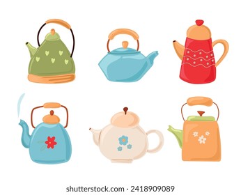 Different hand drawn porcelain, faience, ceramic teapots and kitchen tableware vector illustration. Tea and coffee making set of vintage doodle kettle various shape and size isolated on a white 