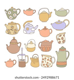 Diferentes dibujados a mano de porcelana, cercas, teteras de cerámica garabatos colección. Ilustración vectorial de vajilla de cocina linda. Té y café conjunto de doodle vintage hervidor de agua de varias formas.