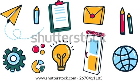 Different hand drawn school supplies Graduation scientific icons set company briefcase folder document school board graphs, chemical formula paper airplane, gear, light bulb, tablet computer classroom