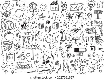 Different hand drawn vector doodles set