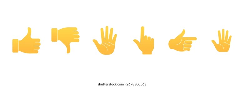 Diferentes emojis de mano, gestos, pegatinas, símbolos de emoticonos colección. Colección de varios emojis amarillos de la mano. Ilustración vectorial.
