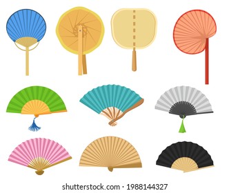 Different hand fans vector illustrations set. Vintage Japanese or Chinese paper fan designs isolated on white background. Culture, Asia, accessories, tradition, decoration concept