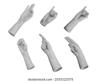 Different hand gestures, finger signs, isolated on white background, set.. Halftone dotted retro style vector