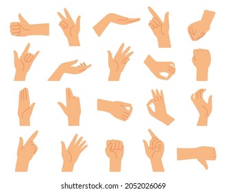 Different hand gestures. Hands gesture collection, arms pressed position. Fingers signal, diverse manual poses of language decent vector set