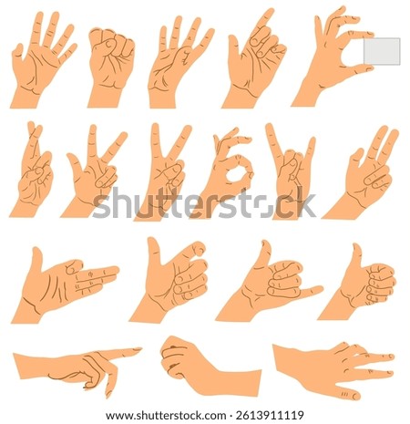 Different hand gestures isolated on white background. Vector flat illustration of female hands in various situations. Design elements set  for infographics, web, internet, presentation.