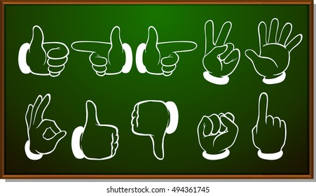 Different hand gestures on blackboard illustration