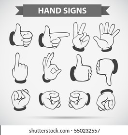 Different hand gestures on white background illustration