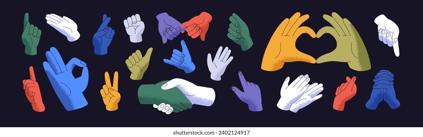 Different hand gestures set. Body language. Greeting expressions, handshake, pointing forefinger, applauding palms. Various colorful signs: ok, peace, love, heart. Flat isolated vector illustration