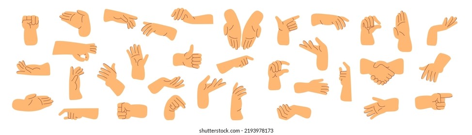 Different hand gestures. A set of human hands on a white background. Handshake, pointing finger, clenched fist, open palm, signal, touch, click