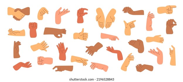 Different hand gestures. A set of human hands on a white background. Handshake, pointing finger, clenched fist, open palm, signal, touch, click