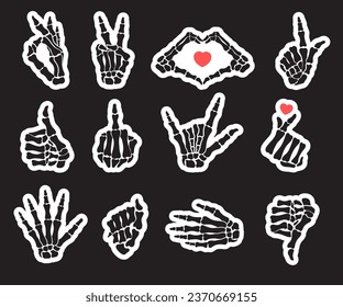 Different hand gestures, set. Like sign, go to hell, fist, peace sign, love, rock and roll. Human bones, skeleton hand.