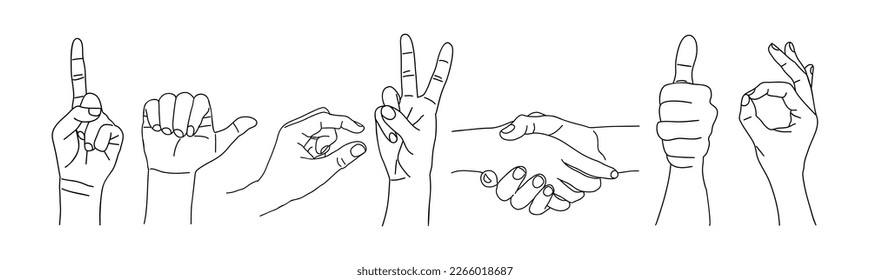 Different hand gestures set line art drawing.