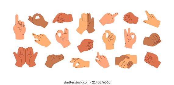 Different hand gestures set. Signs, expressions with pointing fingers, clenched fists, open and greeting palms. OK symbol, handshake, touching. Flat vector illustrations isolated on white background - Shutterstock ID 2145876565