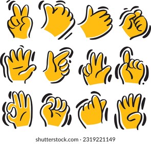 	
Different hand gestures set. Signs, expressions with pointing fingers, clenched fists, open and greeting palms. OK symbol, handshake, touching. Flat vector illustrations isolated on white background