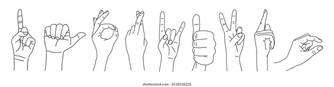 Different hand gestures set. Signs, expressions with pointing fingers, OK symbol, handshake. Line art vector drawing illustrations isolated on white background.