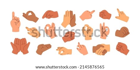 Different hand gestures set. Signs, expressions with pointing fingers, clenched fists, open and greeting palms. OK symbol, handshake, touching. Flat vector illustrations isolated on white background