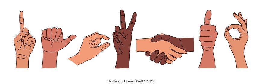 Different hand gestures vector set on white.