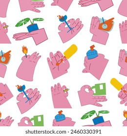 Different hand poses.  Flat illustration. Seamless pattern 