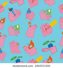 Diferentes poses de la mano.  Ilustración plana Patrón sin fisuras