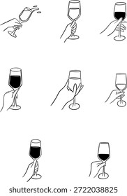 Diferentes poses de la mano que sostienen copas de vino. Elementos caprichosos para el menú, invitación, tarjetas de felicitación, cata de vinos