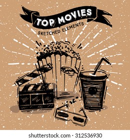 Different hand-drawn film elements. Popcorn, glasses, cola, tickets