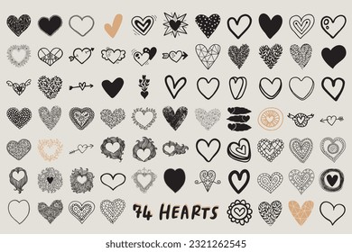 Different hand-drawn hearts linear icons set. Stickers for Valentine day greeting thin line symbols. Isolated vector outline illustrations