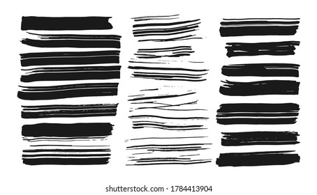 Different handdrawn ink brush stroke set. Abstract line for artistic design. Black paint, silhouette grungy texture for element digital brushes. Dirty banner and text box Isolated vector illustration
