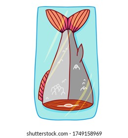 different hand-drawn products, fresh fish per pack, vector illustration isolated on white background, line and color