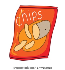 different hand-drawn products, potato chips, vector illustration isolated on white background, line and color