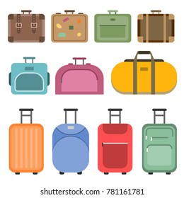 Different handle bags and travel suitcases. Pictures in flat style. Set of colored luggage and suitcase, baggage and bag for trip and tourism. Vector illustration