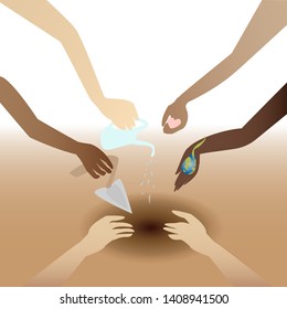 Different hands of all races and nations plant a seed of Earth