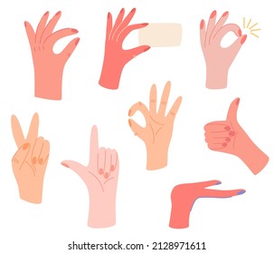 Different hands big set. Various gestures. Pointing hands, gesturing communication language, palm gesture designation. Flat vector illustration isolated on white background