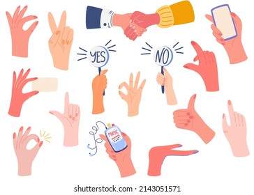 Different hands big set. Various gestures. Pointing hands, gesturing communication language, palm gesture designation. Flat vector illustration isolated on white background