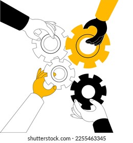 Different hands connect the parts of the mechanism. The concept of a vector illustration in a flat style on the topic of creating a working mechanism in teamwork.