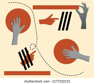 Different hands with geometrical styled objects. Contemporary art collage, modern design. Aesthetic of hands. Trendy pastel colors. Copyspace for your ad or text. Surreal conceptual poster.
