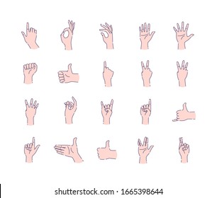 Different hands gestures of human line icons set. Pictograms for web page, mobile app, promo. UI UX GUI design elements. Editable stroke.