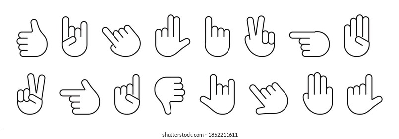 Different hands gestures of human, set of black line icons isolated on white background. Vector illustration