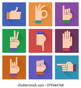 Different hands, gestures, signals flat design illustration; Vector hand icon set on a colorful bright background
