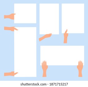 Different hands hold different sheets of white paper, posters, banners. Vector illustration, flat cartoon color minimal design, isolated on blue background, eps 10.
