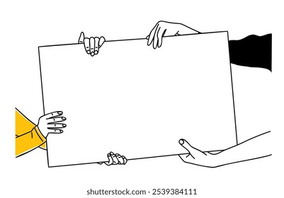 Different hands holding blank banner, empty placard. Advertising, announcement mockup. Modern vector simple outline drawing for graphic, web design isolated on white background