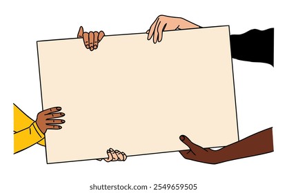 Different hands holding blank banner, empty placard. Advertising, announcement mockup. Modern vector colored outline drawing for graphic, web design isolated on white background