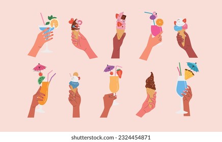 Different hands holding cocktails and ice creams. Summer concept. Vector cartoon flat style illustration