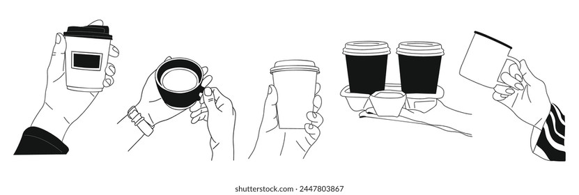 Different hands holding cups, mugs with coffee.